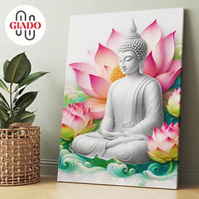 Tranh ảnh thờ treo tường hoặc tranh để bàn mẫu Phật Thích Ca tượng trắng hoa sen