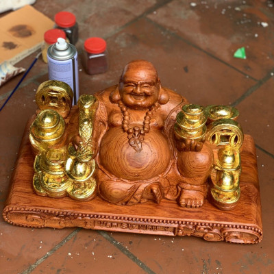 Tượng phật di lặc dâng tiền vàng ,bằng gỗ hương đá kt 50×26×25cm