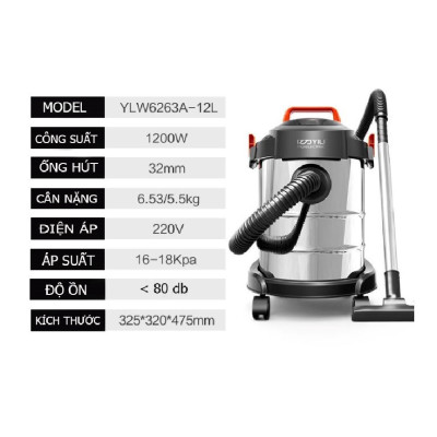 Máy hút bụi công nghiệp đa năng khô và ướt ABG Yili YLW-6263A loại 12 lít công suất 1200W - thùng inox full phụ kiện - Hàng Chính Hãng