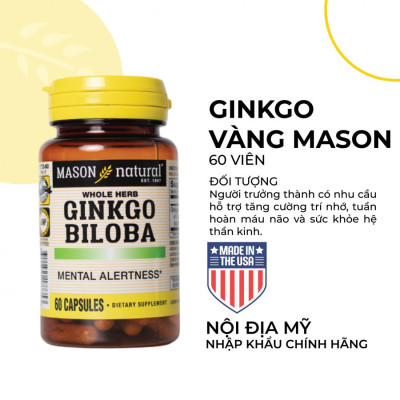 Viên Uống Bổ Não Mason Natural Ginkgo Biloba Hỗ Trợ Tăng Cường Tuần Hoàn Máu Não 60 Viên/Hộp
