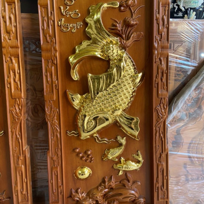 CẶP TRANH LÝ NGƯ  VỌNG NGUYỆT KHẮC CHỮ PHÚC ĐỨC BẰNG GỖ GÕ ĐỎ KT 37×117×4CM