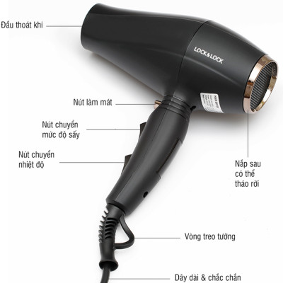 Máy Sấy Tóc Lock&Lock ENA146BLK 2000-2300W (Màu Đen) - Hàng chính hãng, 3 Cấp Độ Gió, 3 Chế Độ Sấy, Sấy Mạnh Mau Khô Tóc, Tặng Kèm Ống Hút Inox