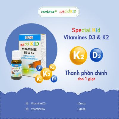 Special Kid Vitamines D3 et K2 - Hỗ trợ tăng cường hấp thu calci giảm triệu chứng còi xương, tăng chiều cao cho trẻ - 10ml