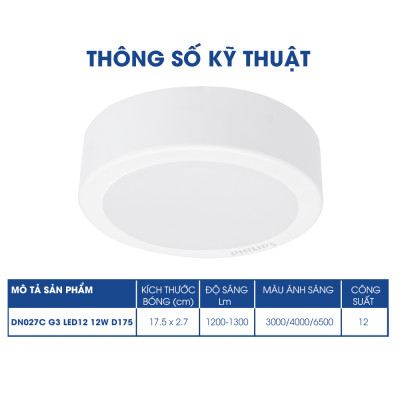 Bộ Đèn Philips LED Ốp Trần tròn lắp nổi DN027C Công suất (9W, 12W, 15W, 19W)