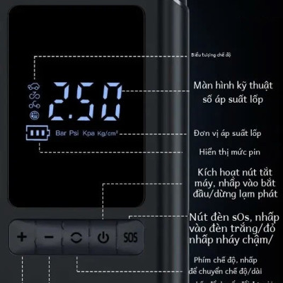 Máy Bơm Lốp Xe Điện 130PSI MH LED Thông Minh Pin Sạc Nhỏ Gọn Mạnh Mẽ Tự Động Ngắt Khi Đủ Hơi