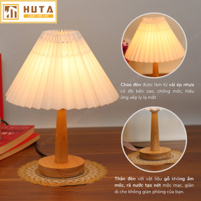 Đèn Ngủ Để Bàn HUTA G5 Gỗ Chao Xếp Ly Vintage Dễ Thương, Decor Trang Trí Phòng Ngủ, Đọc Sách Đầu Giường, Điều Chỉnh Độ Sáng, Đèn Vàng Bóng LED Tiết Kiệm Điện