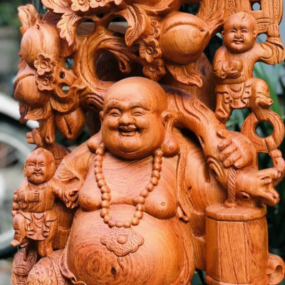 Tượng phật di lặc ngũ phúc gánh cành đào bằng gỗ hương đá kt cao 80cm 