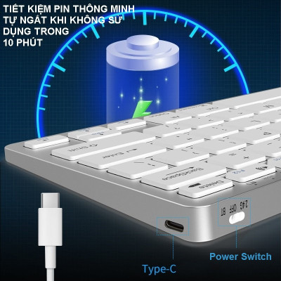 Bộ Bàn phím chuột không dây mini W616C - pin sạc TypeC- đa kết nối bluetooth 5.0 + 3.0 + Usb wireless 2.4G hàng nhập khẩu