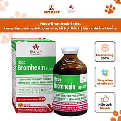 Five-Bromhexin Inject Thuốc làm tăng nhanh dịch nhày, long đờm, giảm cơn ho, phục hồi chức năng của phổi0, Bệnh viêm phổi, viêm phế quản-phổi, viêm phổi-màng phổi dính sườn, suyễn, tụ huyết trùng, kế phát bệnh tai xanh ở lợn.