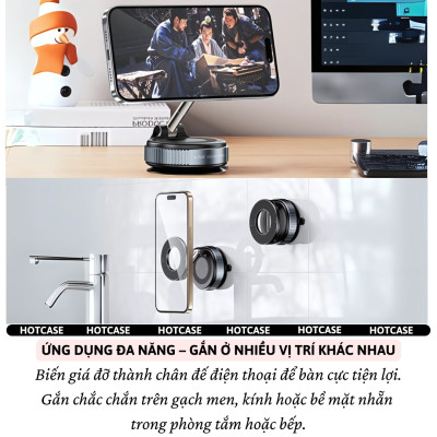 Giá đỡ điện thoại từ tính Magnetic nam châm hút chân không xoay 360 độ cho xe hơi ô tô, bàn làm việc, phòng tắm hiệu Hotcase Airlock Pro Cho iPhone cho Samsung điện thoại - Hàng nhập khẩu