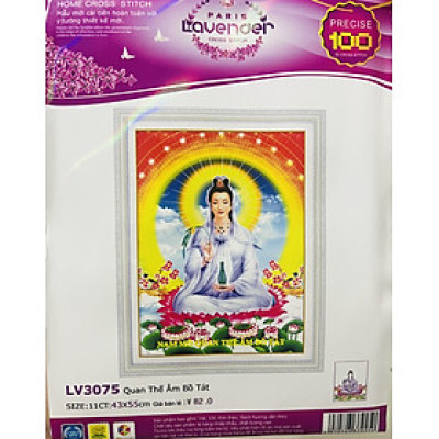 Tranh thêu chữ thập Phật quan âm LV3075, kích thước 43 x 55 cm