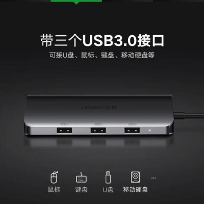 Ugreen UG50319CM163TK Bộ chuyển đổi TYPE C sang 3 USB 3.0 + HDMI + VGA + hỗ trợ nguồn TYPE C - HÀNG CHÍNH HÃNG