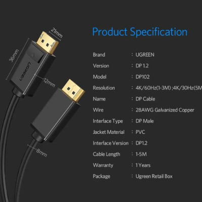 Ugreen UG10244DP102TK 1M Màu Đen Cáp 2 Đầu Displayport chuẩn V1.2 thuần đồng - HÀNG CHÍNH HÃNG