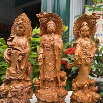 Combo 3 tượng phật adiđa và 2 phật quan âm bồ tát bằng gỗ bách xanh thơm nức kt cao 30x10x9cm 