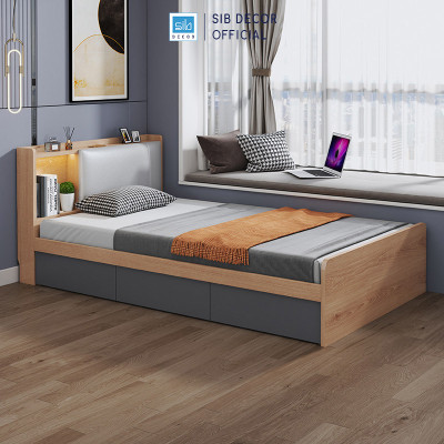 Giường Gỗ Đơn Dài 1.2m Phối Đèn LED và 3 Ngăn Kéo Màu Oak Phối Xám Chì SIB Decor GN16