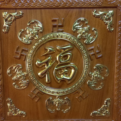 Tranh phong thủy ngũ phúc lâm môn bằng gỗ gõ đỏ kt mặt vuông 67×67×4cm 