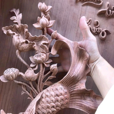 Cặp tranh treo tường lý ngư vọng nguyệt bằng gỗ hương đá siêu víp kt 42×127×8cm