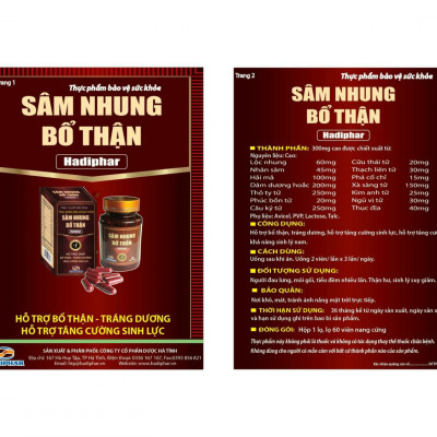 Sâm Nhung Bổ Thận HADIPHAR - Tráng Dương Hỗ trợ Tăng Cường Sinh Lực