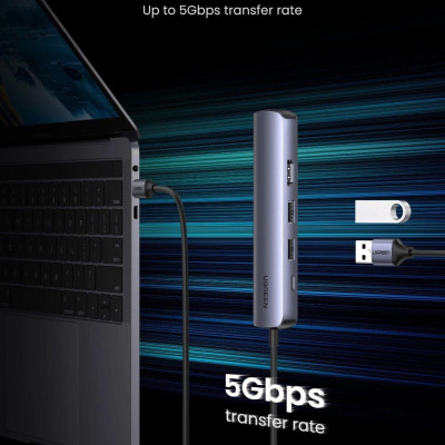 Ugreen UG10919CM418TK 5 trong 1 4K60Hz PD 100W 1000Mbps màu xám Bộ chuyển type c ra 2 * USB 3.0 A + HDMI + RJ45 giga + PD - HÀNG CHÍNH HÃNG