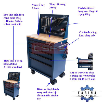 Tủ dụng cụ CSPS 76cm - 05 hộc kéo không nâng hạ màu xanh kèm vách lưới