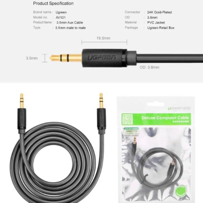 Ugreen UG10503AV101TK 1.5M màu Đen Cáp âm thanh 2 đầu 3.5mm dương - HÀNG CHÍNH HÃNG