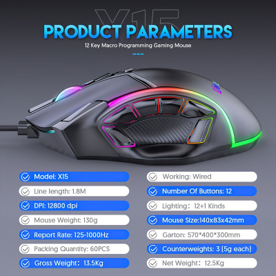 Chuột Gaming Esport macro X15 Led RGB 12800 DPI 12 phím cho máy tính laptop hàng nhập khẩu
