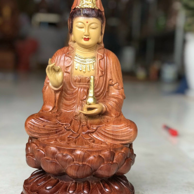 Tượng phật bà quan âm bồ tát bằng gỗ hương đá tô làm mầu giả cổ kt cao 70×35×35cm