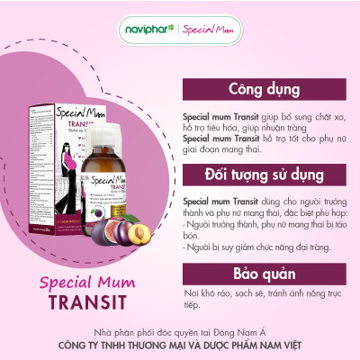 Siro Special Mum Transit bổ sung chất xơ, hỗ trợ tiêu hóa cho phụ nữ mang thai. Hỗ trợ tăng lợi khuẩn, làm mềm phân, giúp nhuận tràng cho mẹ bầu- 200ml