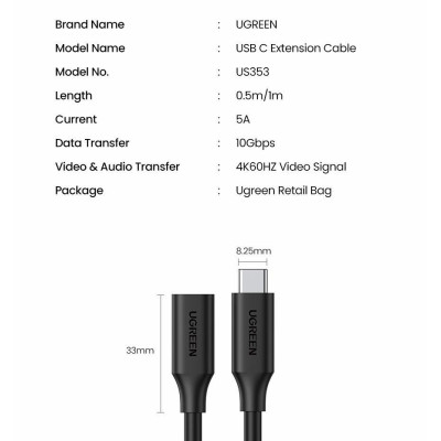 Ugreen UG10387US353TK 1m Gen2 cáp usb type c nối dài - HÀNG CHÍNH HÃNG
