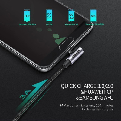 Ugreen 70255 3M màu đen cáp USB đầu Type-C bẻ góc 90 độ 3A Ugreen US284 - Hàng Chính Hãng