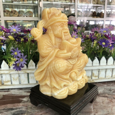 Tượng ông Thần Tài kim tiền, thần phát cầm thỏi vàng phong thủy mang lại may mắn tài lộc đá ngọc hoàng long đặt bàn thờ thần tài - Cao 20 cm