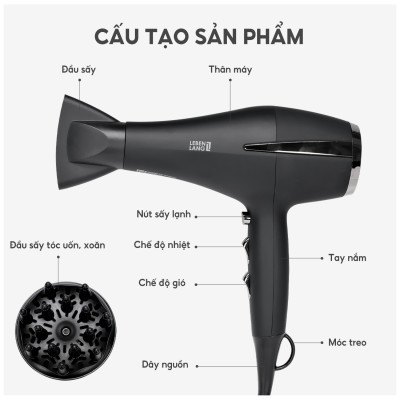 Máy sấy tóc 2 chiều nóng lạnh Lebenlang LBL3066, 2400W, hai đầu sấy cùng công nghệ ion chống xơ rối làm suôn mượt bảo vệ tóc, bảo hành 2 năm - hàng chính hãng