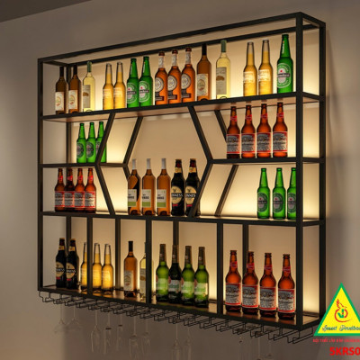 KỆ TRƯNG RƯỢU KHUNG SẮT – MẶT GỖ CÓ ĐÈN 5KRS02 - NỘI THẤT LẮP RÁP VIENDONGADV