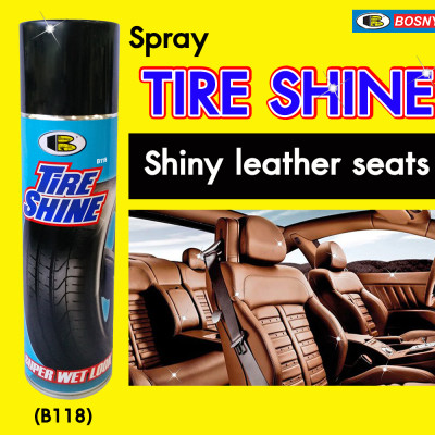 Chai xịt bóng lốp xe, chai xịt bóng vỏ xe, chai xịt bóng ghế xe ô tô ,chai xịt bóng yên xe máy và bảo vệ lốp xe, vỏ xe, ghế xe và yên xe - TIRE SHINE Bosny B118 550cc- Nhập khẩu Thái Lan