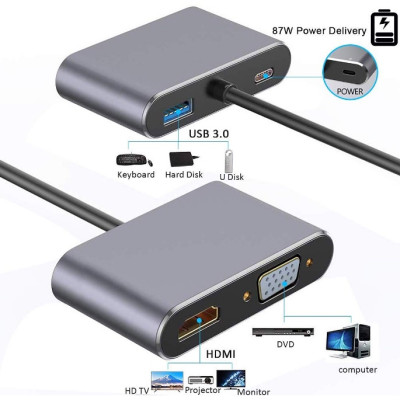 Cáp chuyển Đổi USB Type-c ra 4 cổng HDMI/ VGA/ USB và cổng sạc hỗ trợ chế độ Dex - UHV41160 Hàng Chính Hãng