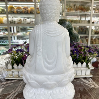 Tượng Phật Thích Ca ngồi đài sen đá cẩm thạch trắng - Cao 40 cm