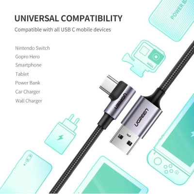 Ugreen 70255 3M màu đen cáp USB đầu Type-C bẻ góc 90 độ 3A Ugreen US284 - Hàng Chính Hãng