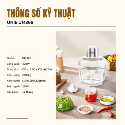 Máy Xay Thịt Đa Năng Unie UM366, 400W, 2 Cối Thủy Tinh, Chế Độ Tự Ngắt An Toàn, Hàng Chính Hãng