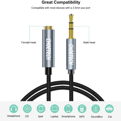 Dây Cáp Nối Dài Âm Thanh 3.5mm Dài 2M CHOETECH AUX001-BK - Hàng Chính Hãng