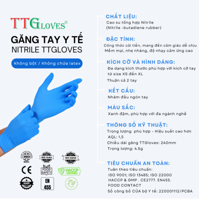 Găng Tay Cao Su Y Tế Size XL Không Bột Nitrile TTGLOVES Màu Xanh (100 Chiếc) 
