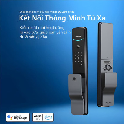 Bộ khóa cửa thông minh Gateway điều khiển từ xa, vân tay, thẻ từ, mật khẩu và chìa cơ, tích hợp kèm chuông cửa Philips DDL801-5HBS - Hàng chính hãng