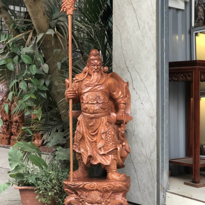 Tượng quan công cầm đao đứng trên đầu hổ phù kt cao 80×30×20cm