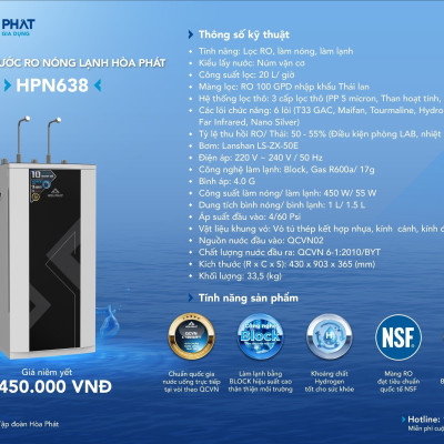 Máy lọc nước RO Hòa Phát HPN638 - Bảo hành 36 tháng - Hàng chính hãng