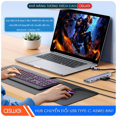 Hub Chuyển Đổi USB Type C ASWEI 8 in 1 - USB 3.0, SD, TF, USB C, Audio 3.5 Tốc Độ Cao - Hàng Chính Hãng