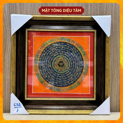 Tranh Mandala Chú Om Mani Padme Hum kèm khung 32cm Vẽ Tay Thủ Công Nepal Tranh chú lục tự chân ngôn Mật tông Diệu Tâm