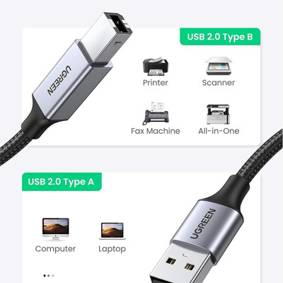 Ugreen UG80804US369TK 3M đầu nhôm dây bọc lưới chống nhiễu cáp máy in màu Đen 2.0 USB A sang B - HÀNG CHÍNH HÃNG