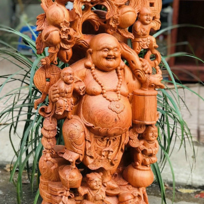 Tượng phật di lặc ngũ phúc gánh cành đào bằng gỗ hương đá kt cao 80cm 