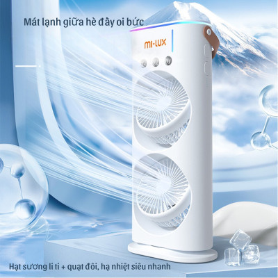 Quạt Hơi Nước Có Tích Điện, Quạt Phun Sương Mini 4 cánh, Quạt Để Bàn 2 Tầng Có Đèn Led, remote Tiện Lợi - Hàng Chính Hãng Double ended Spray Fan, Máy tạo ẩm