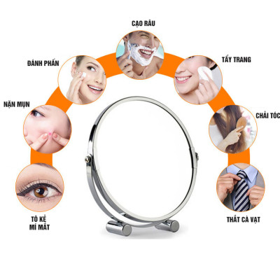 Gương trang điểm phóng đại 3 lần, xoay 360 độ, 2 mặt siêu nét, để bàn, Inox 304, Size 18cm, 20cm, Minh House G31