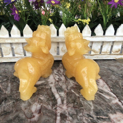 Cặp Tỳ Hưu phong thủy đá thạch anh vàng - Dài 13 cm